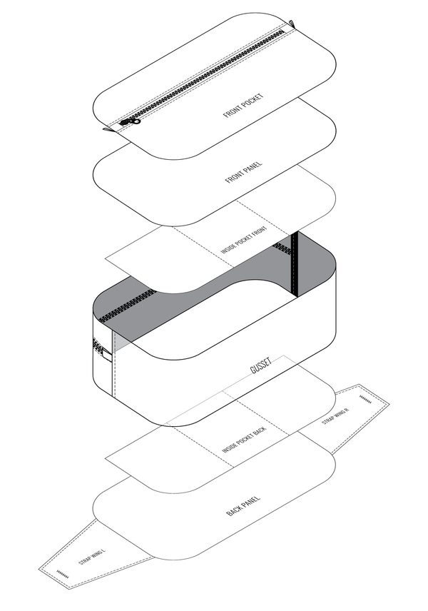 Isometric exploded view of the Towpath Pack